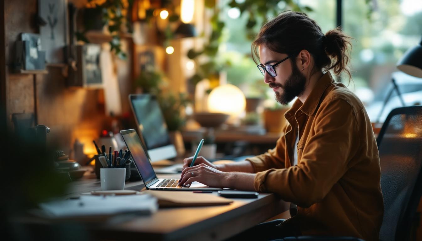 Man working on laptop at desk with plants and warm lighting in modern home office environment