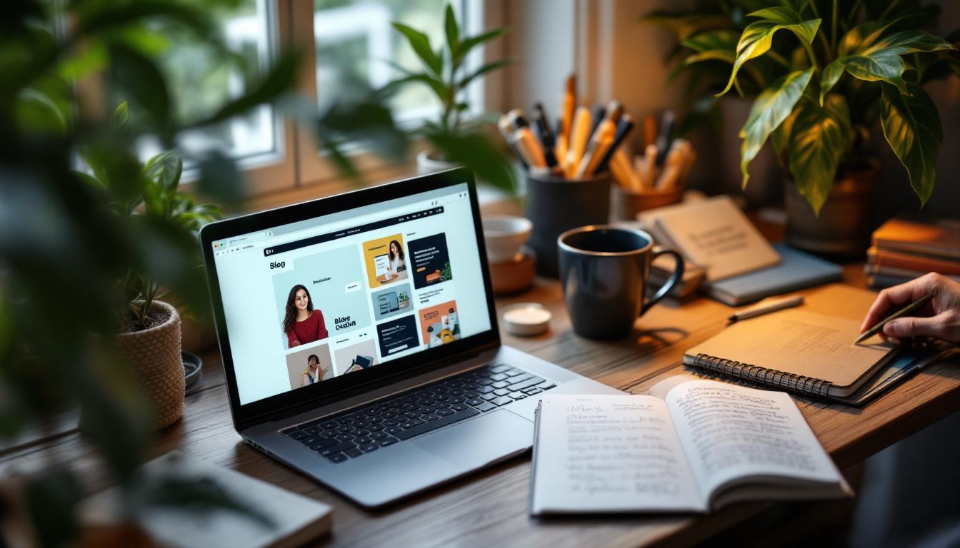 Creative workspace with laptop displaying blog portfolio, open notebook, coffee mug, plants, and writing supplies on wooden