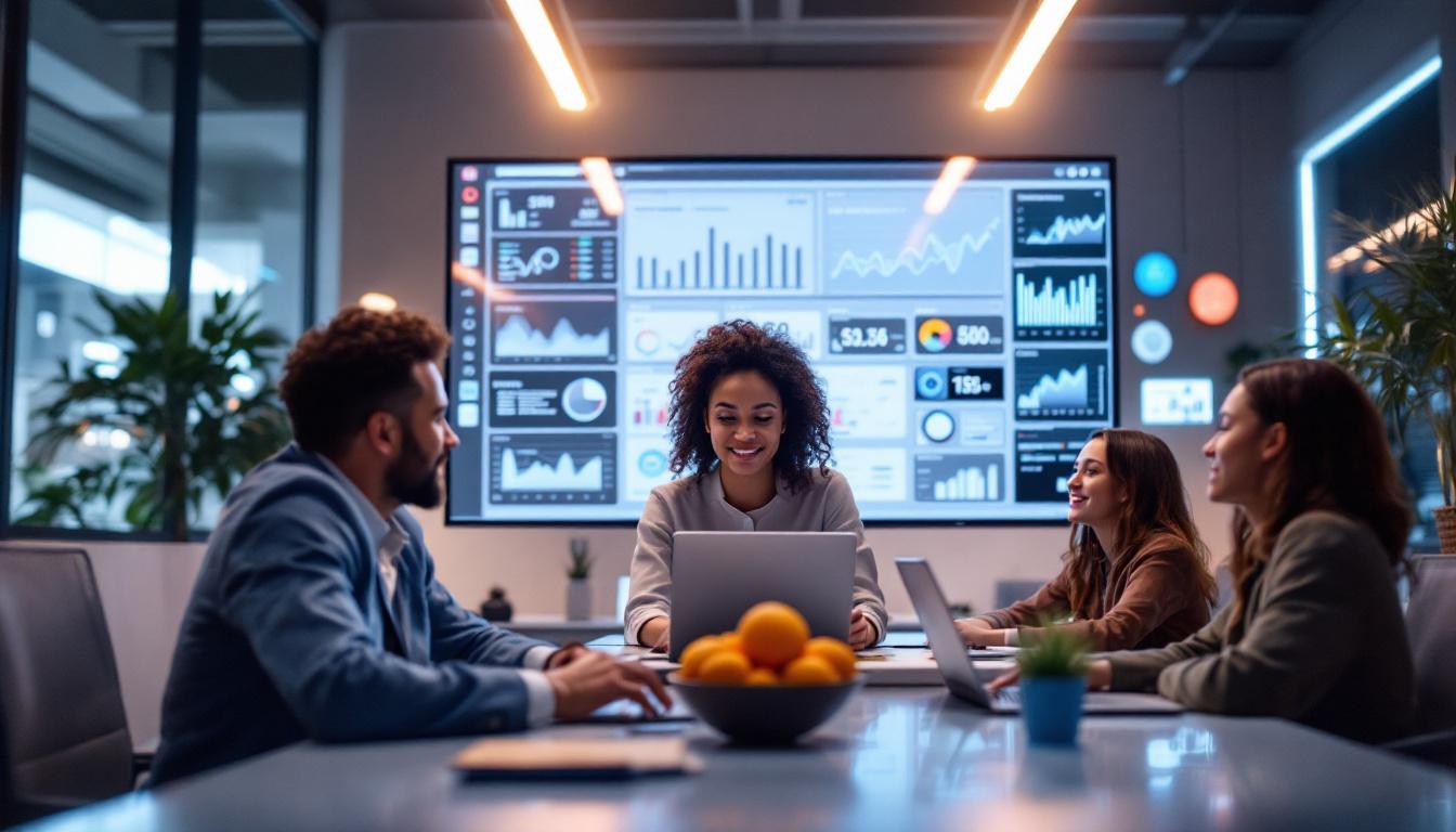 Team of professionals reviewing data analytics dashboard on large monitor in modern office workspace