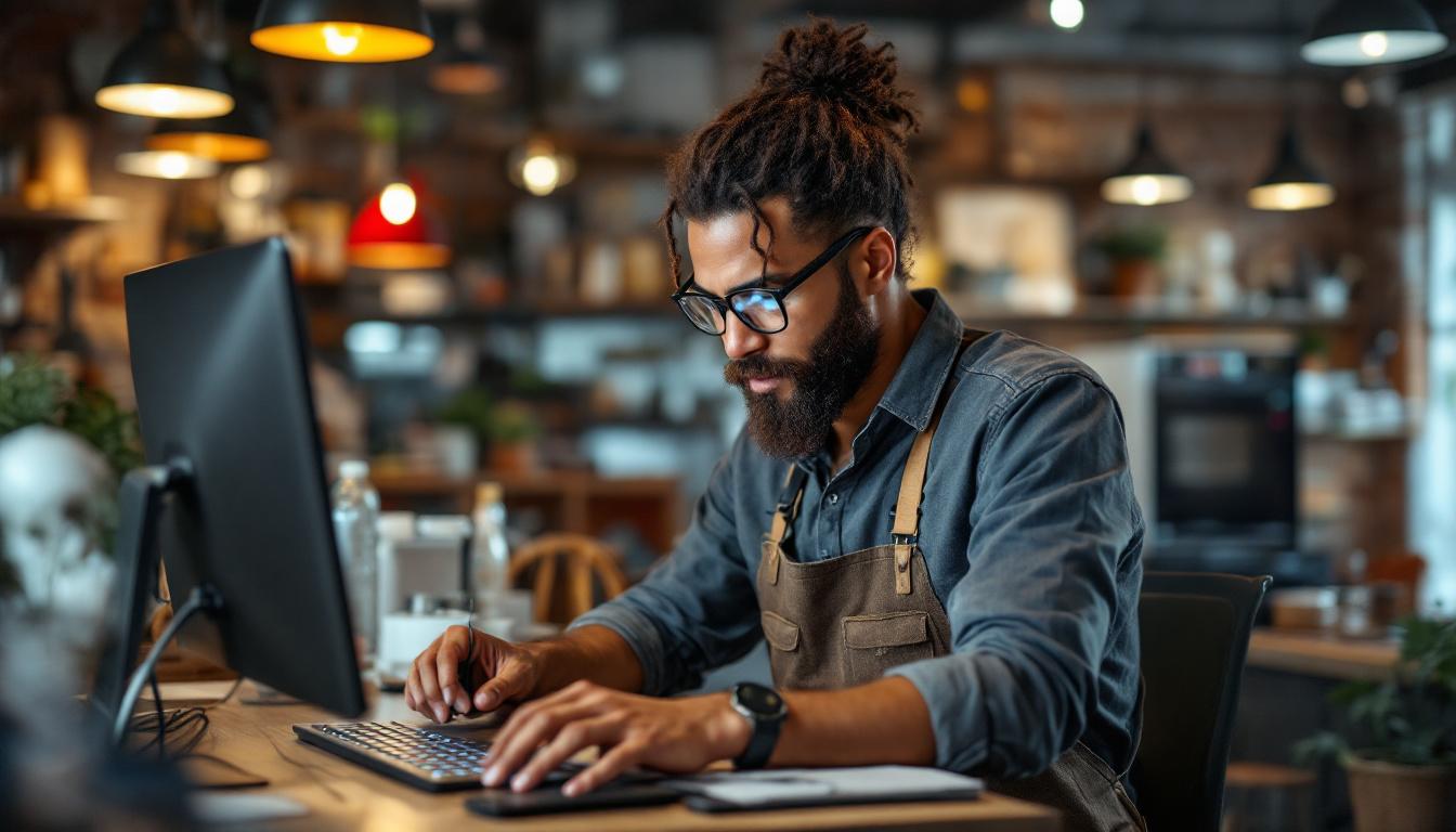 Man working on computer at café desk, representing small business owner using AI tools for productivity and growth.