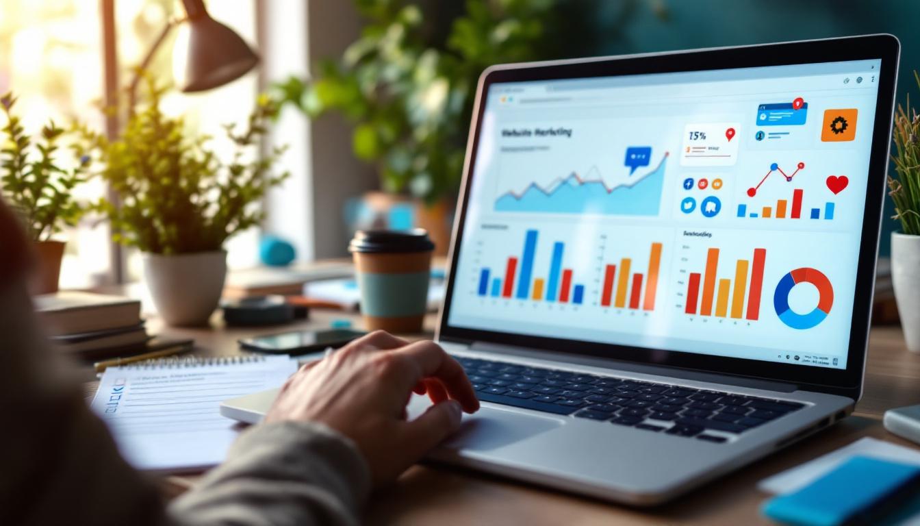 Person analyzing marketing analytics dashboard on laptop at sunny desk workspace with plants and coffee