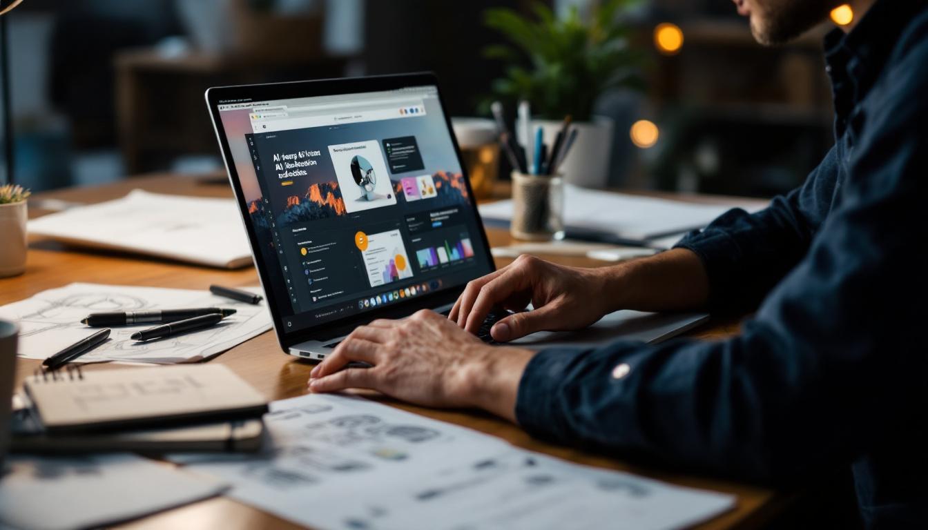 Designer working on laptop displaying AI design templates and analytics dashboard at wooden desk with sketches and plants