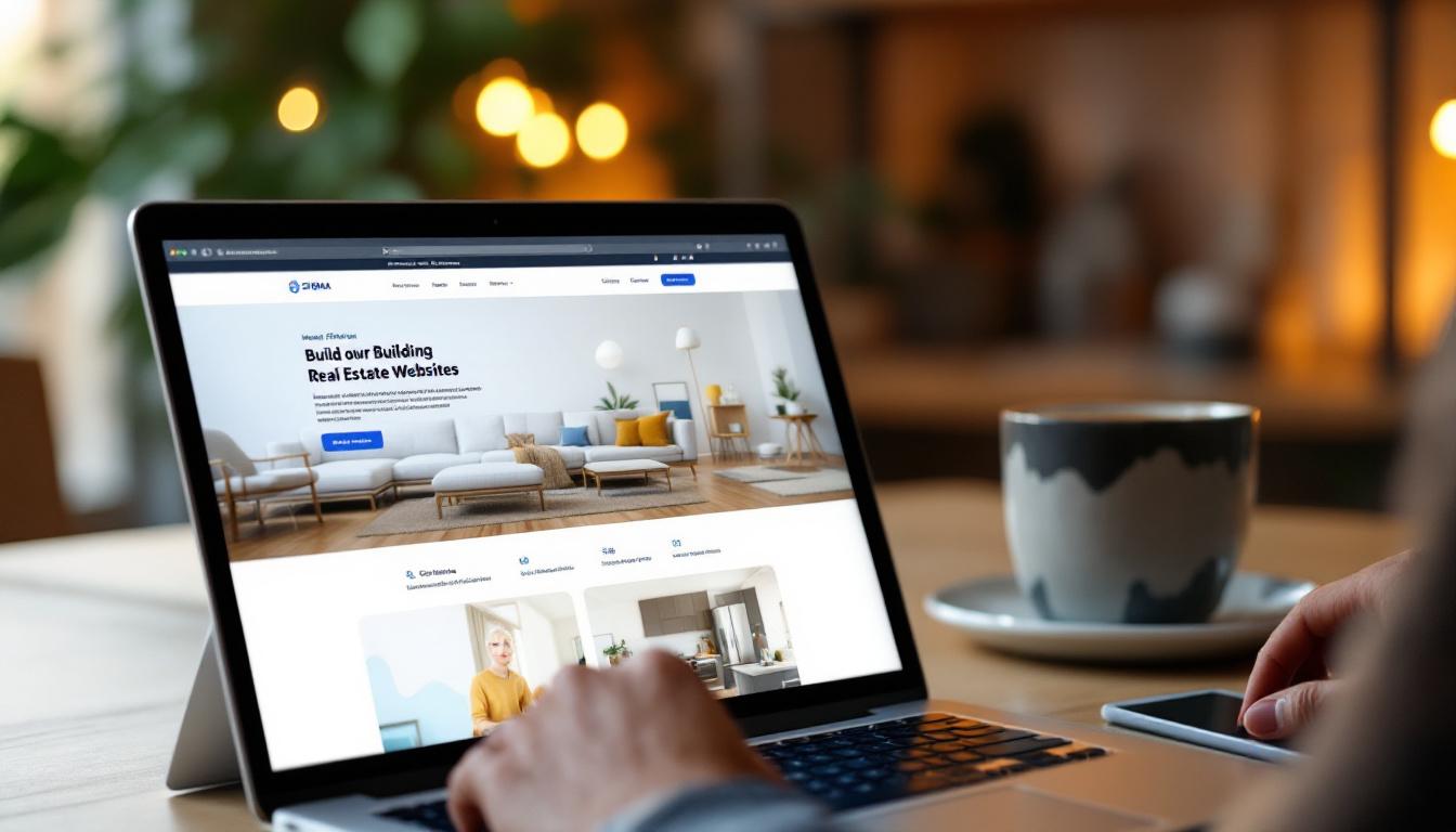 Person using laptop displaying real estate website builder interface with modern home interior design in background.