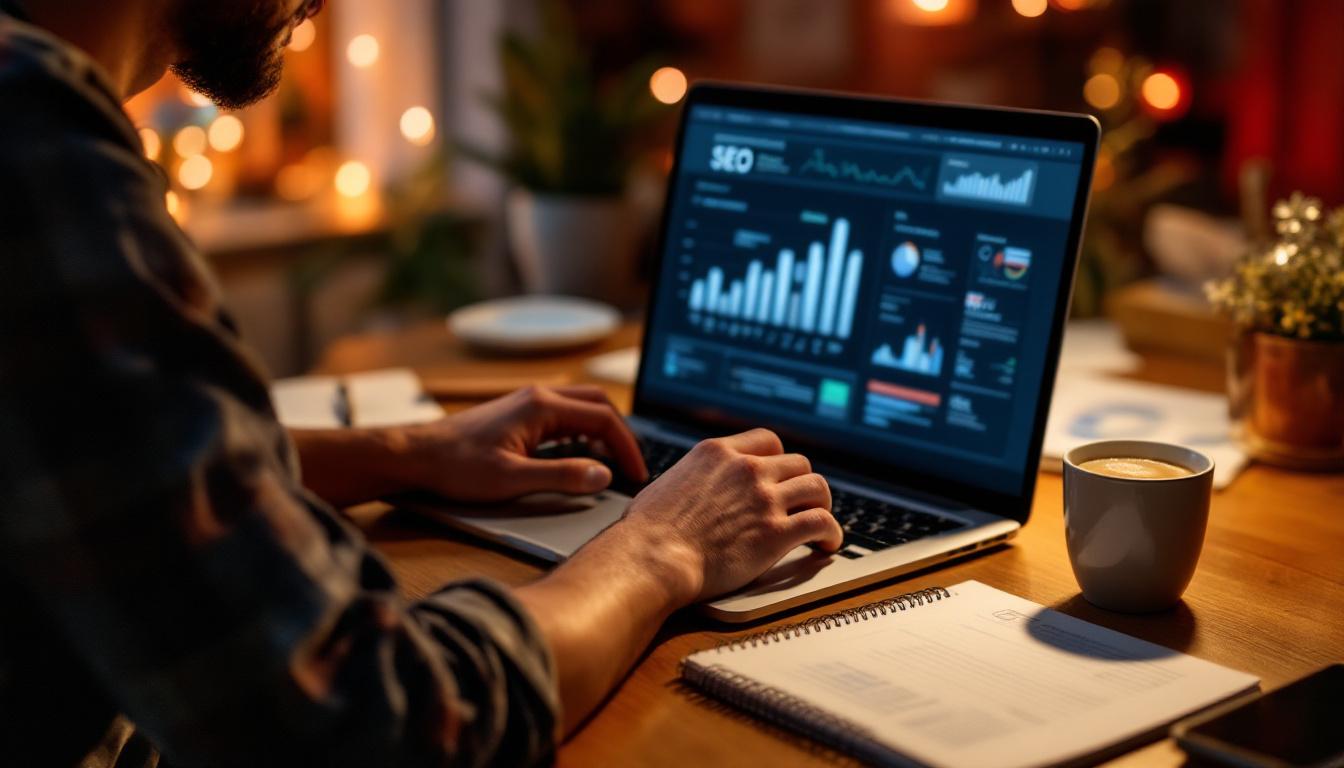 Person analyzing SEO dashboard with analytics charts on laptop at night, coffee cup and notebook on desk