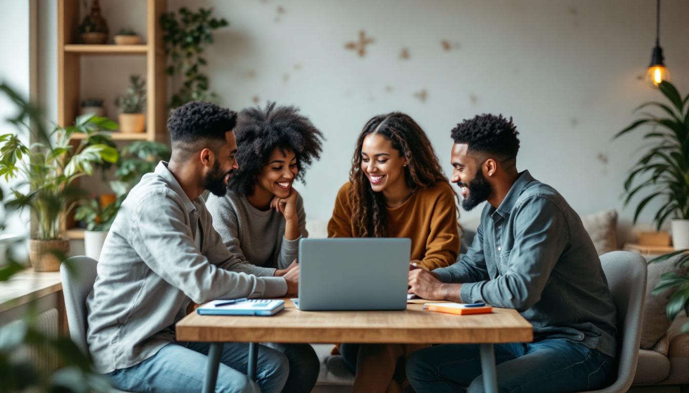 Four diverse professionals collaborating on laptop at wooden table in modern office with plants and natural lighting
