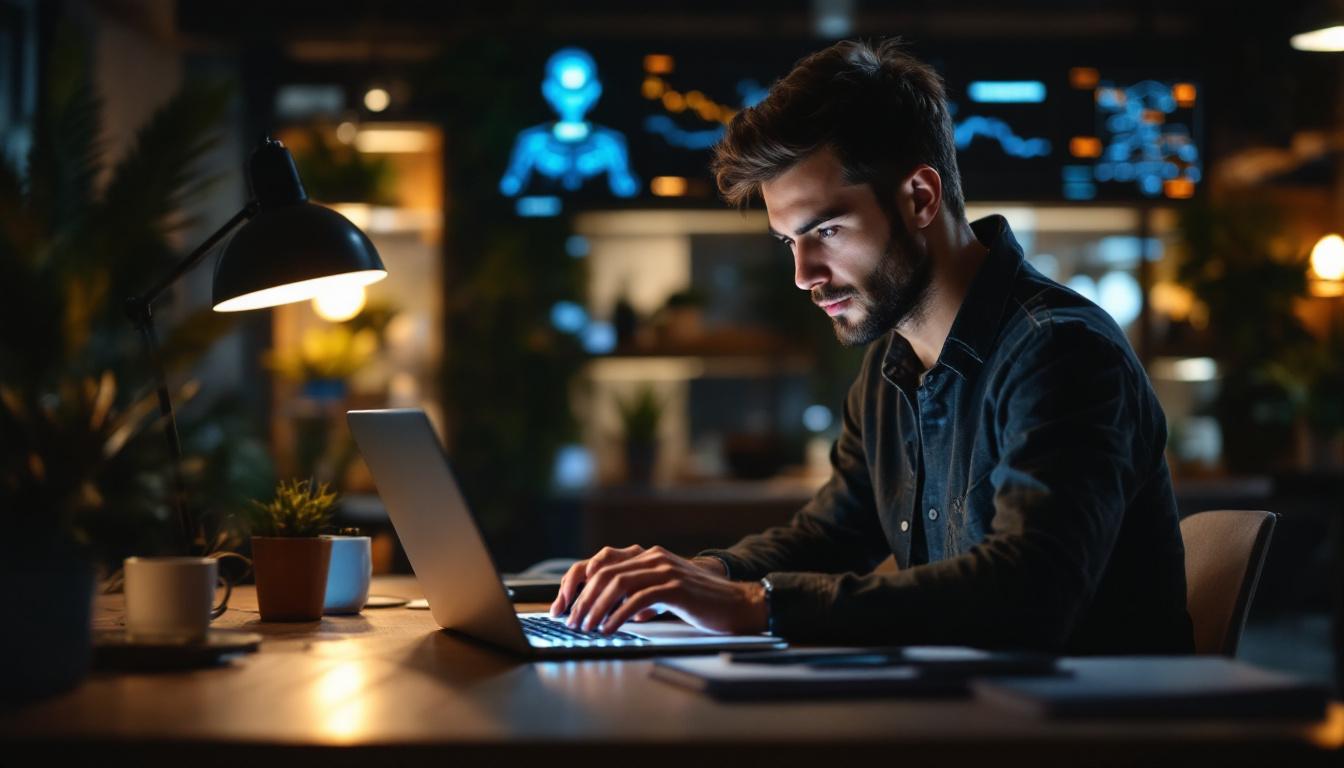 Man working on laptop at night desk with desk lamp and coffee, representing AI-powered business startup and digital