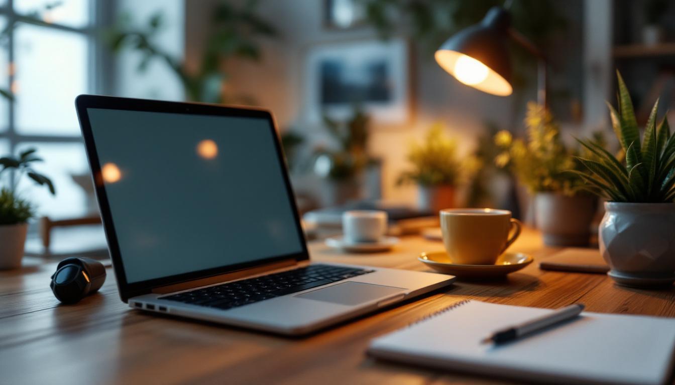 Modern home office workspace with laptop, coffee cup, notebook, and potted plants on wooden desk with warm lighting