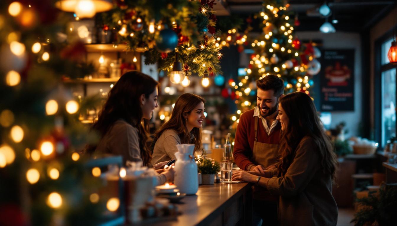 Group of friends enjoying drinks at a festive bar decorated with golden lights and holiday garland