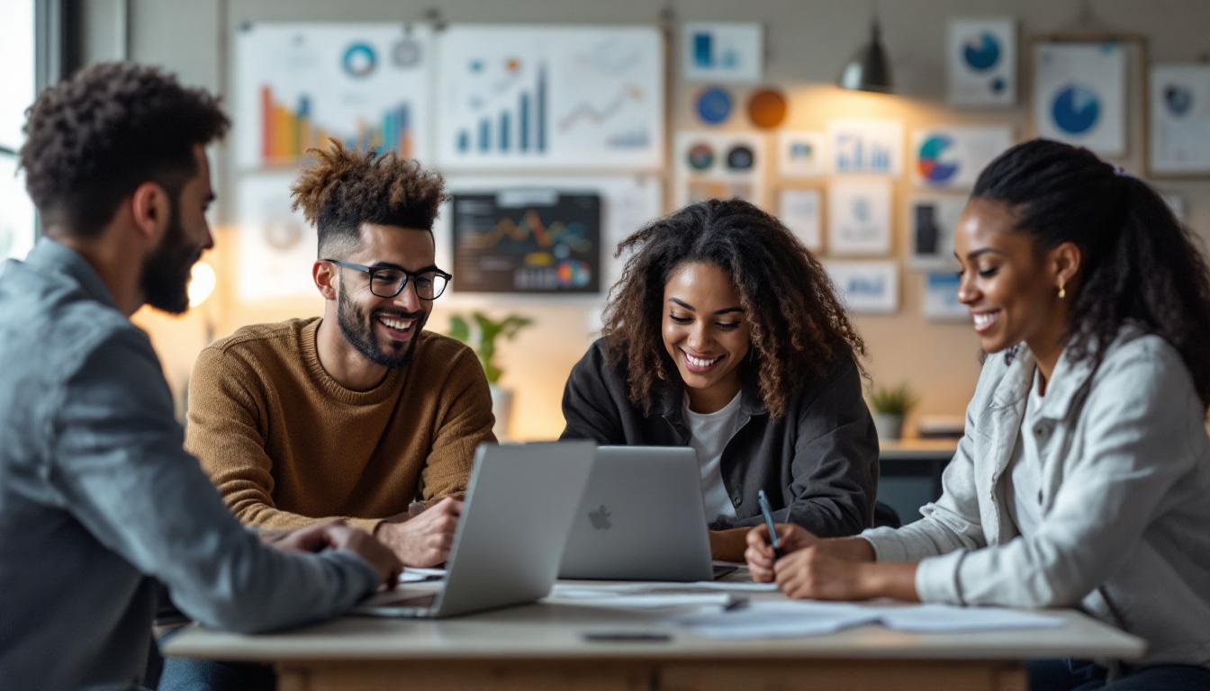Diverse team of professionals collaborating around laptop in modern office with data analytics charts on wall
