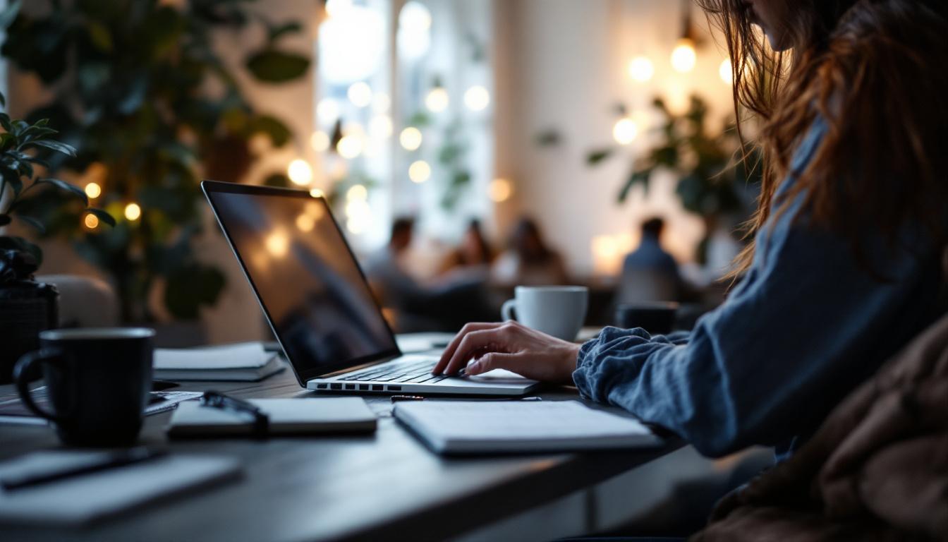Freelancer working on laptop at desk with coffee cup and plants in modern office environment