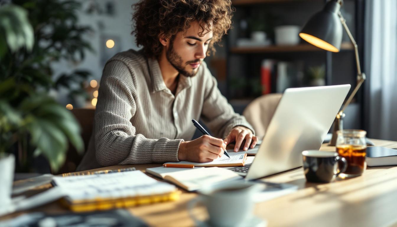Man with curly hair writing notes while working on laptop at desk with plants and coffee