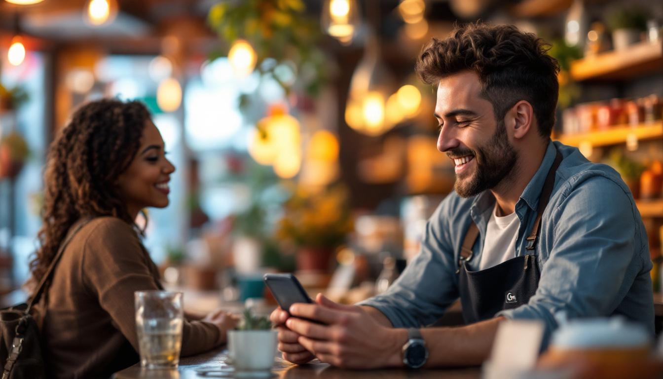Smiling male barista using phone while serving female customer at cafe counter with warm ambient lighting