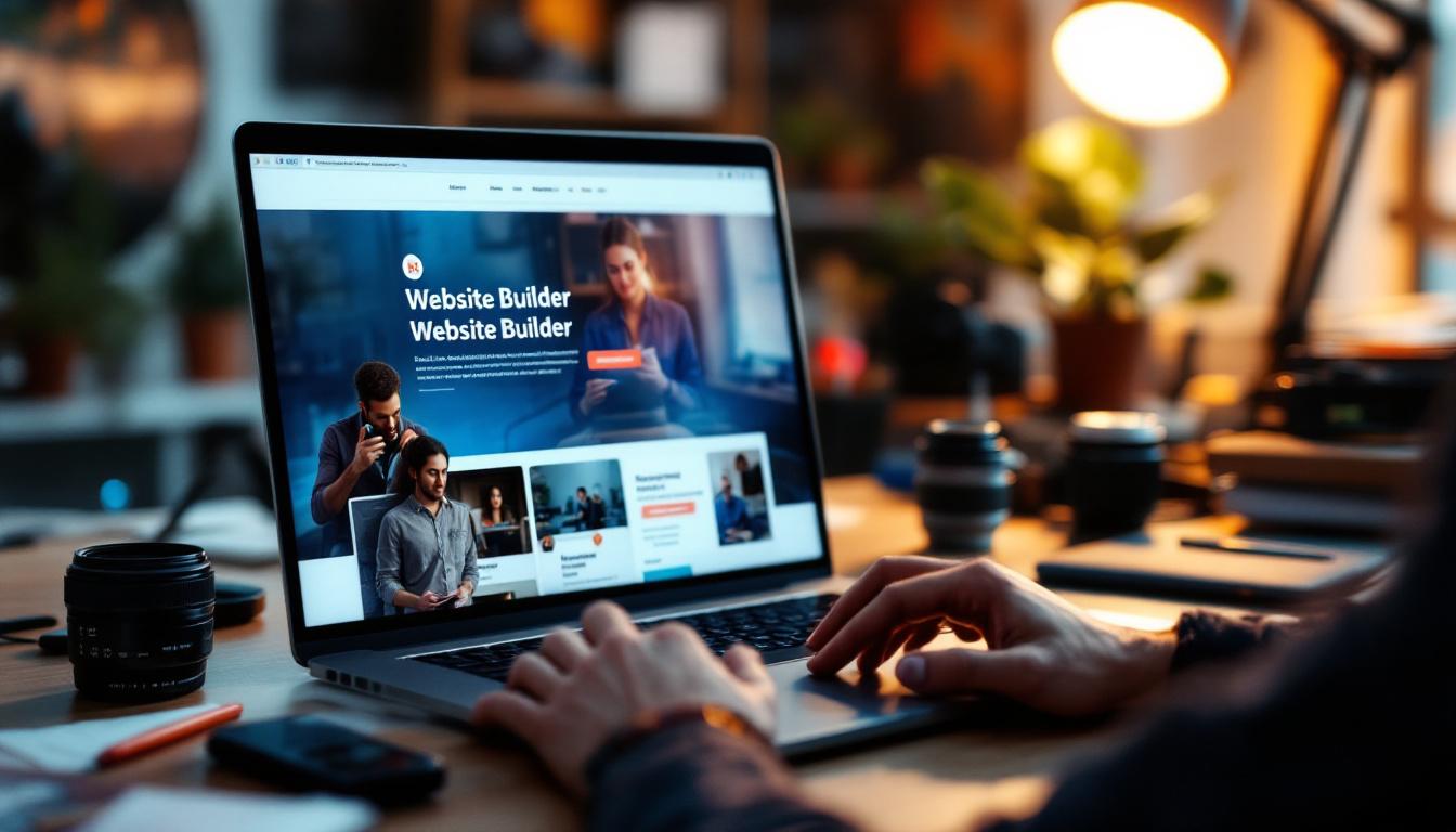 Person using laptop displaying website builder interface with professional design templates and business imagery at desk.