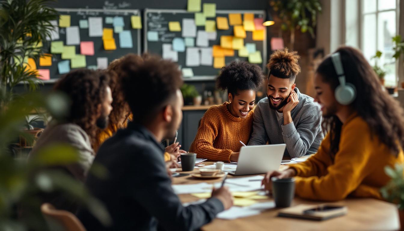 Diverse team collaborating around laptop during creative brainstorming meeting in modern office workspace