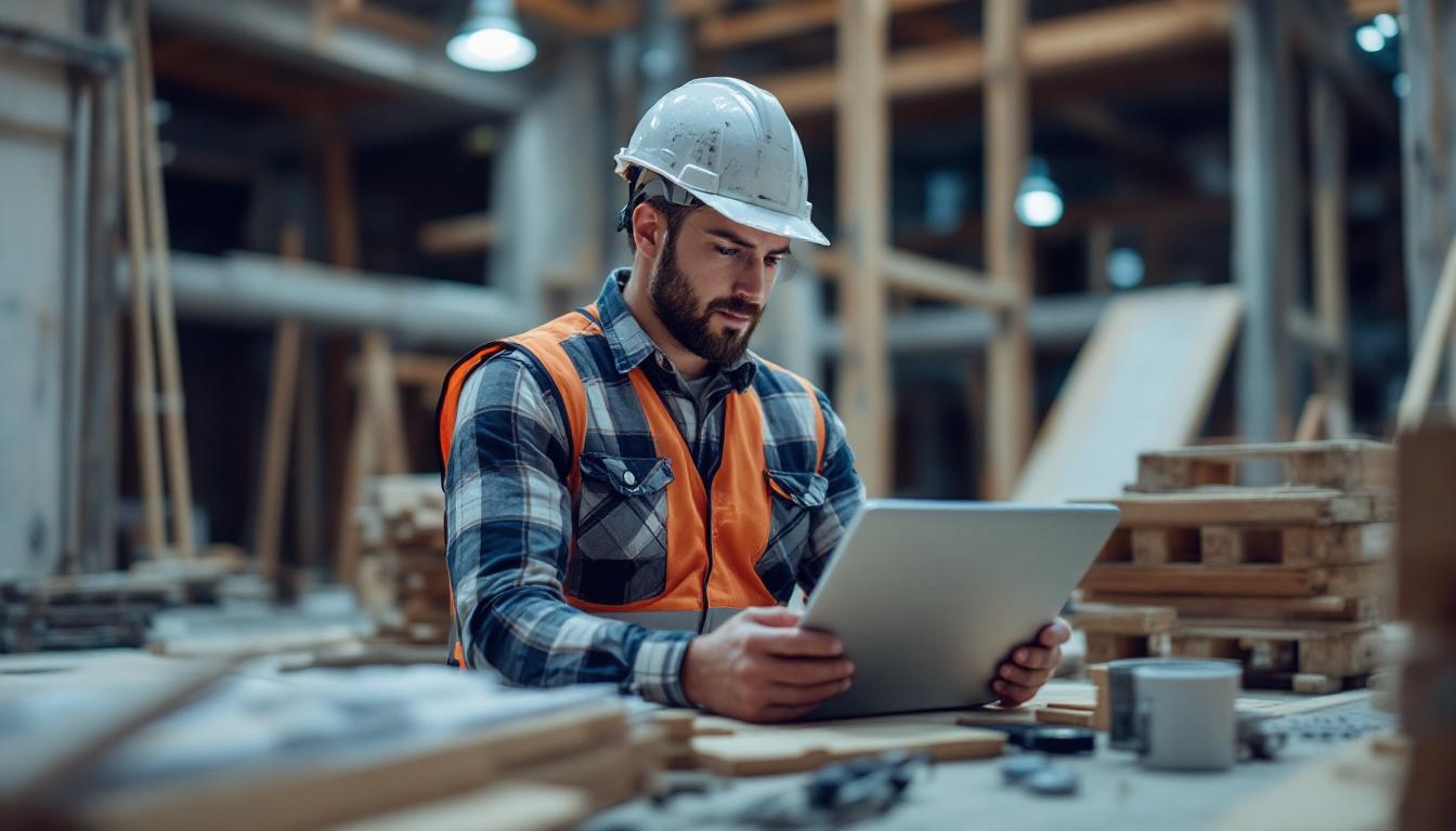 Construction worker in hard hat and safety vest reviewing building plans on laptop at job site