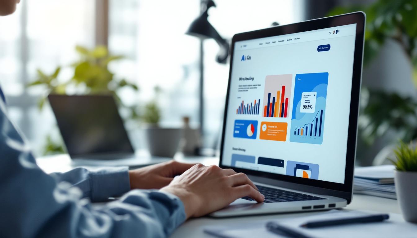 Accountant reviewing AI-generated dashboard analytics and charts on laptop in modern office workspace