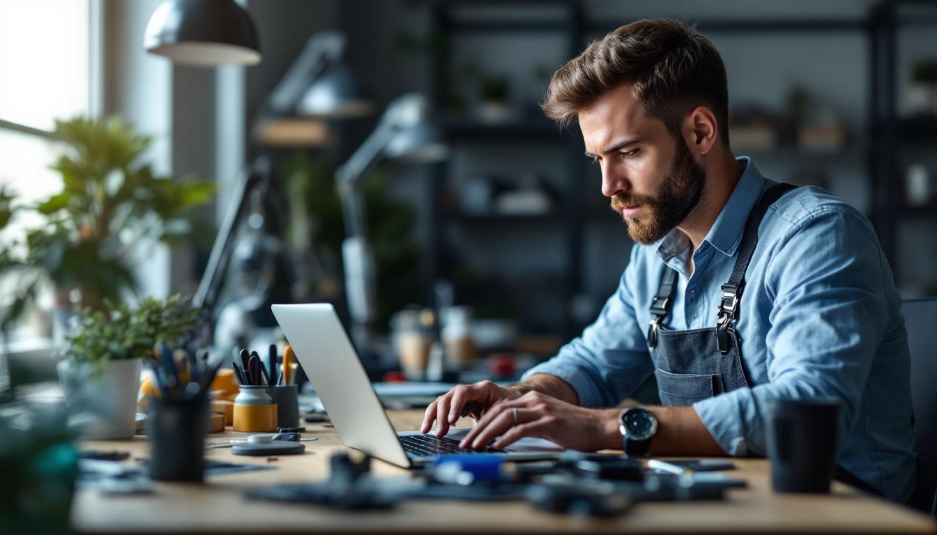 Computer repair technician working on laptop at workshop desk with tools and plants nearby