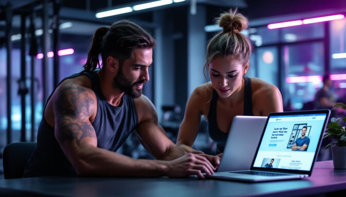 Two fitness trainers reviewing AI website builder on laptop in modern gym with neon lighting