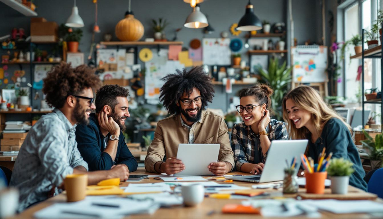Diverse team of entrepreneurs brainstorming with laptops and tablets in a creative office workspace