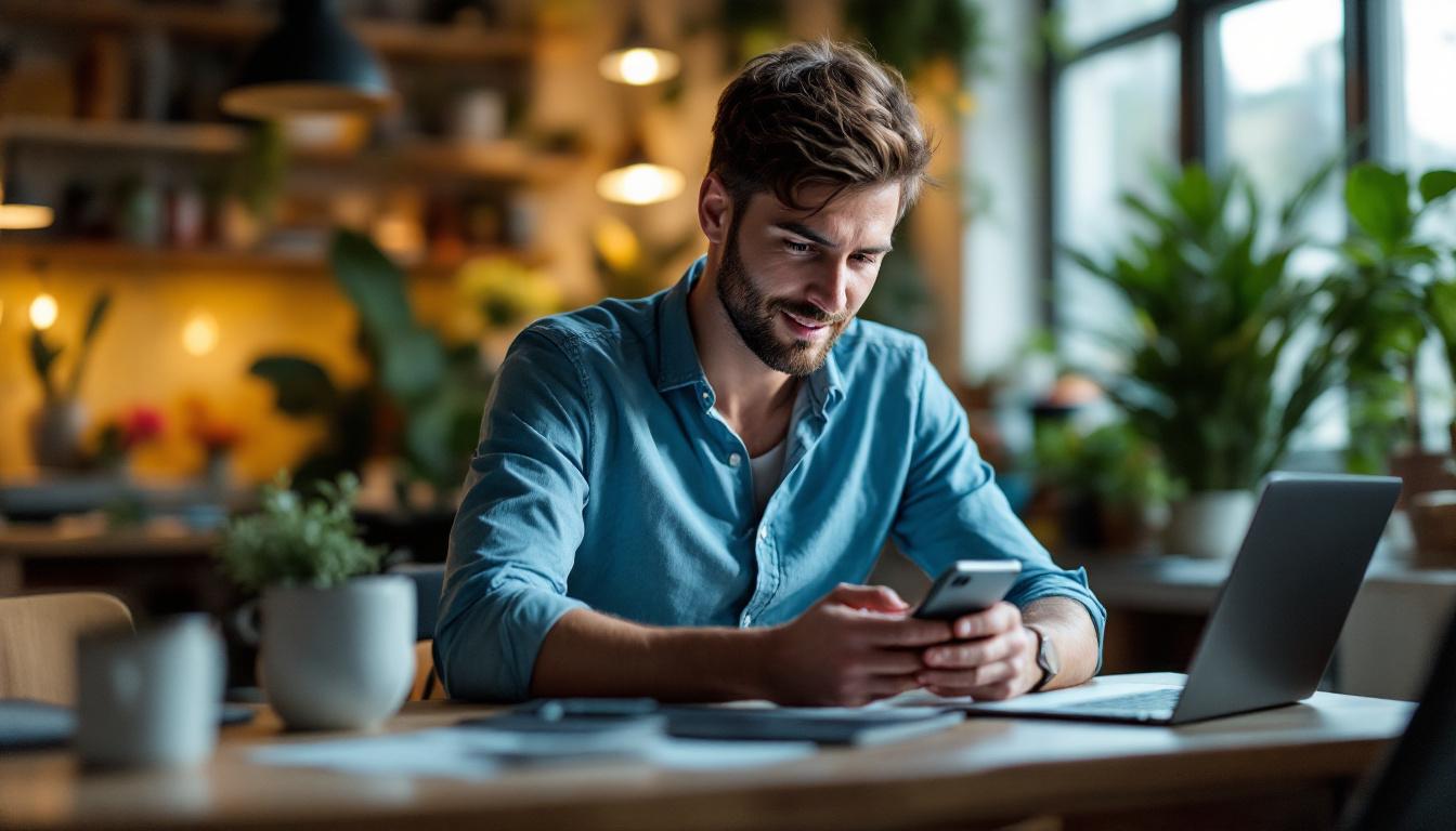 Man using smartphone and laptop at modern office desk with plants and warm lighting
