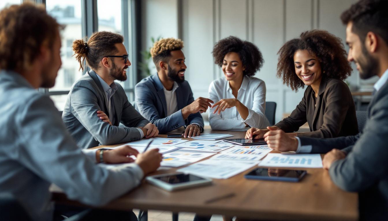 Diverse business team collaborating around table reviewing financial charts and data in modern office