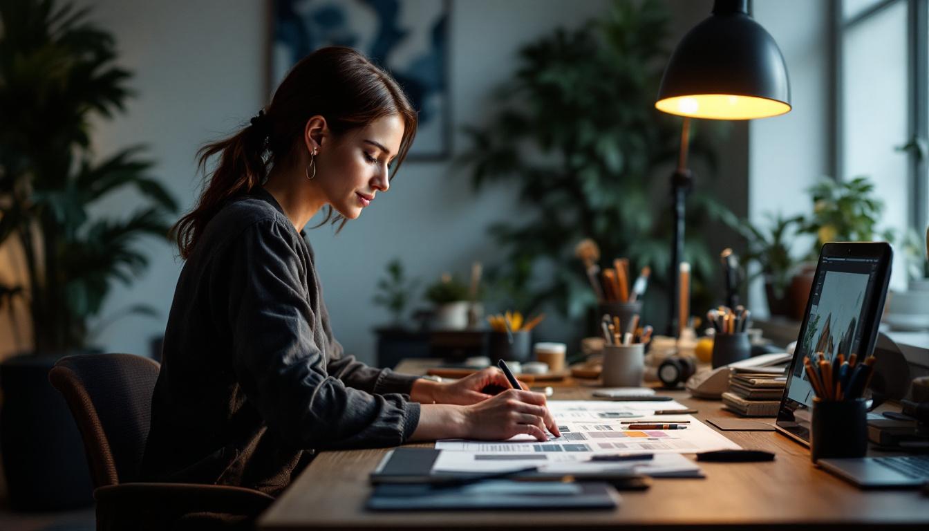 Interior designer sketching on wooden desk with laptop, design samples, and plants in modern studio workspace