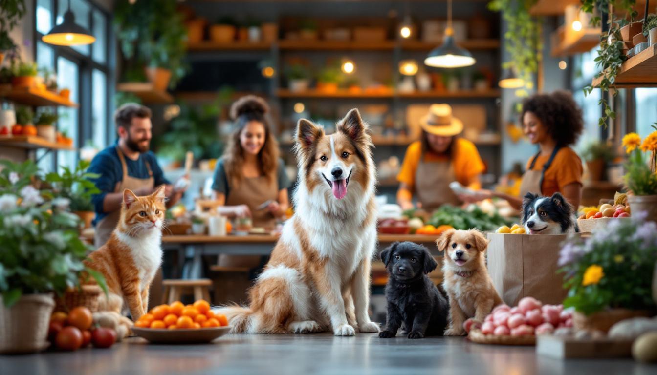 Group of pets in a commercial kitchen with people working in the background, representing animal-focused business