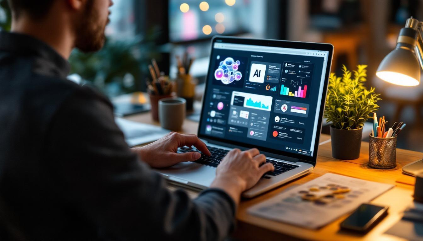 Developer working on AI-powered website design dashboard with analytics charts and data visualization on laptop screen