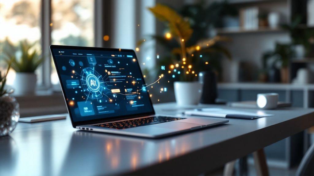 Laptop displaying AI interface with glowing network nodes and digital connections on desk in modern office workspace