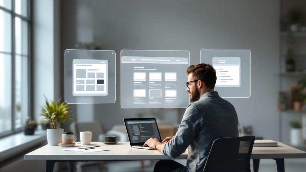 Man using laptop viewing wireframe designs and website layouts on transparent digital screens in modern office