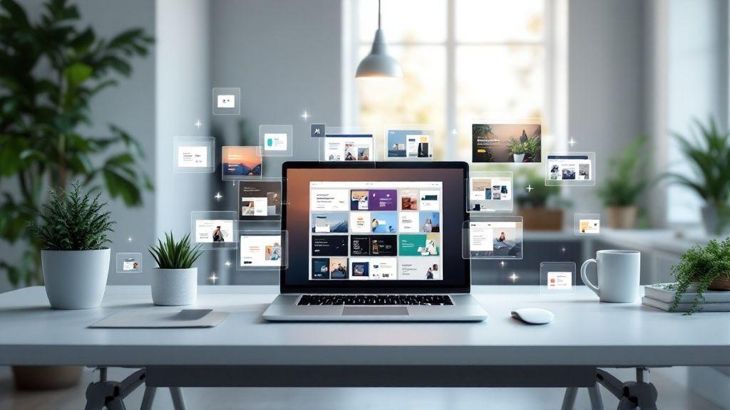 Laptop displaying AI website builder templates and design options on modern office desk with plants and coffee mug