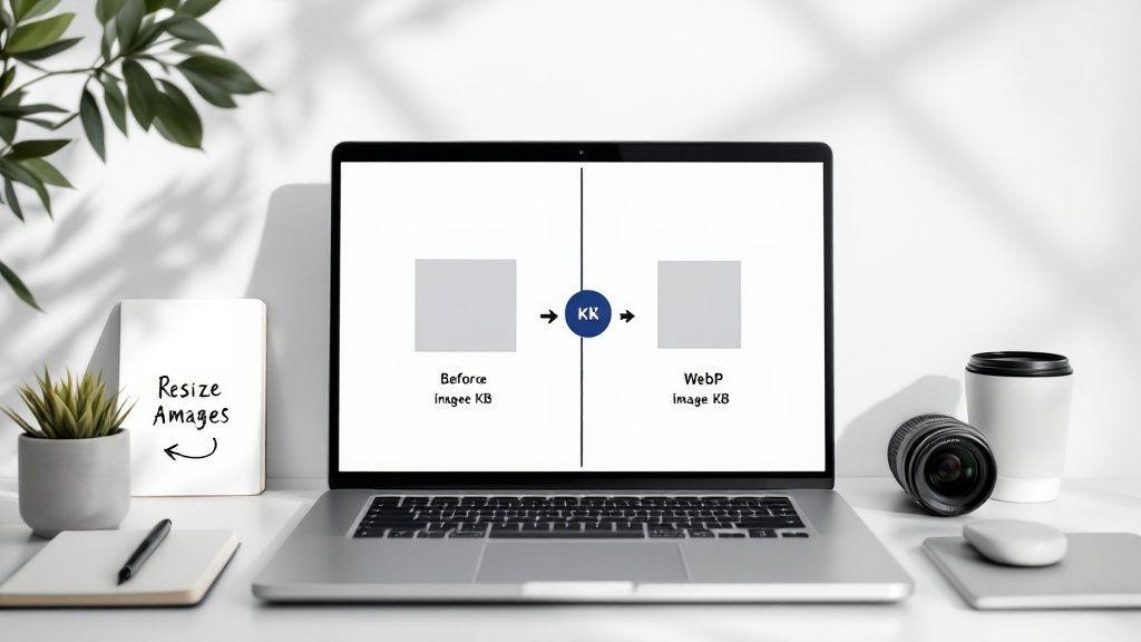 Laptop displaying image optimization comparison showing file size reduction from standard format to WebP format for faster