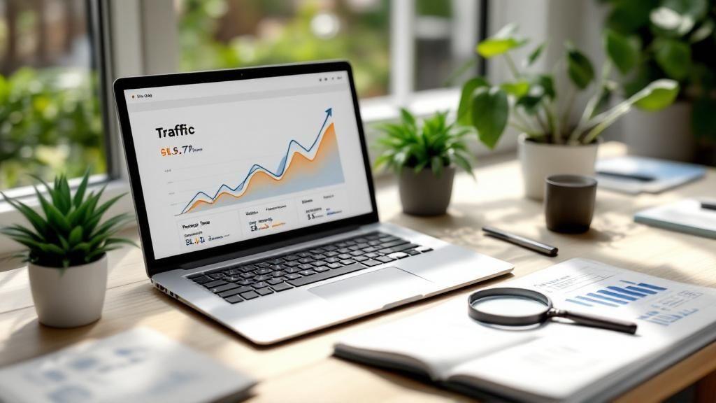 Laptop displaying traffic analytics dashboard with upward trending graph on wooden desk with plants and magnifying glass