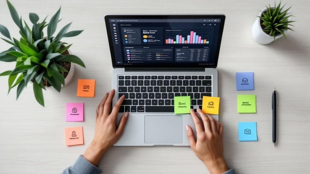 Person working on laptop displaying analytics dashboard surrounded by colorful sticky notes and plants on desk