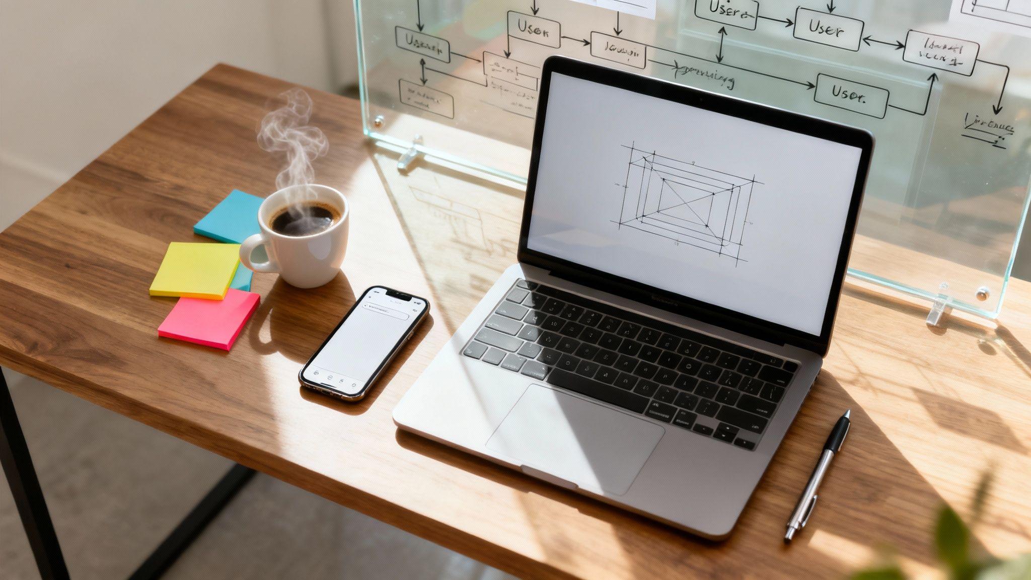 Designer's workspace with laptop showing wireframes, smartphone, coffee cup, sticky notes, and whiteboard with user flow