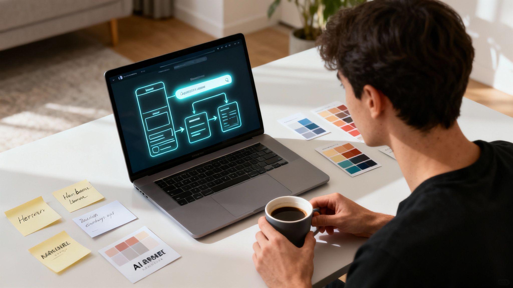 Designer reviewing AI website wireframe on laptop with color palettes and coffee at workspace