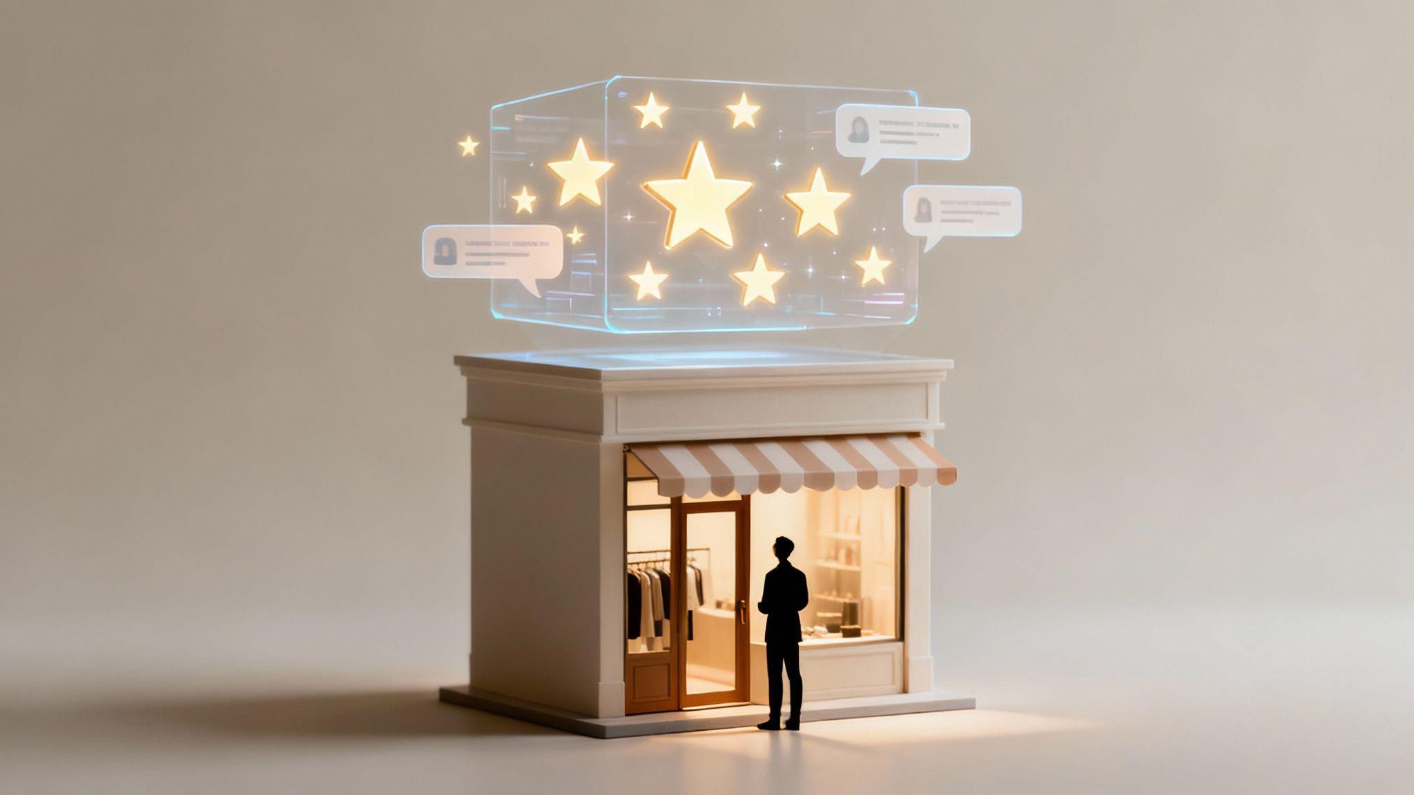 Small storefront with glowing star ratings and customer review chat bubbles floating above