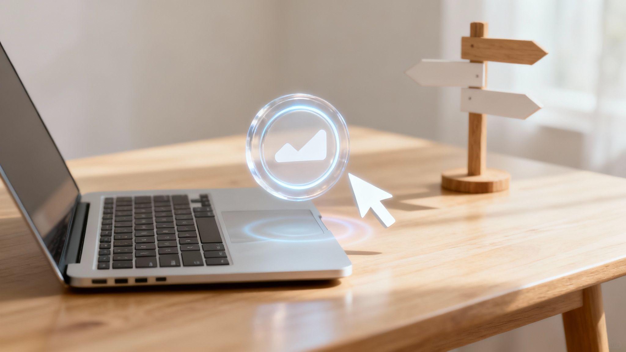 Laptop with glowing email icon and cursor on wooden desk next to directional signpost