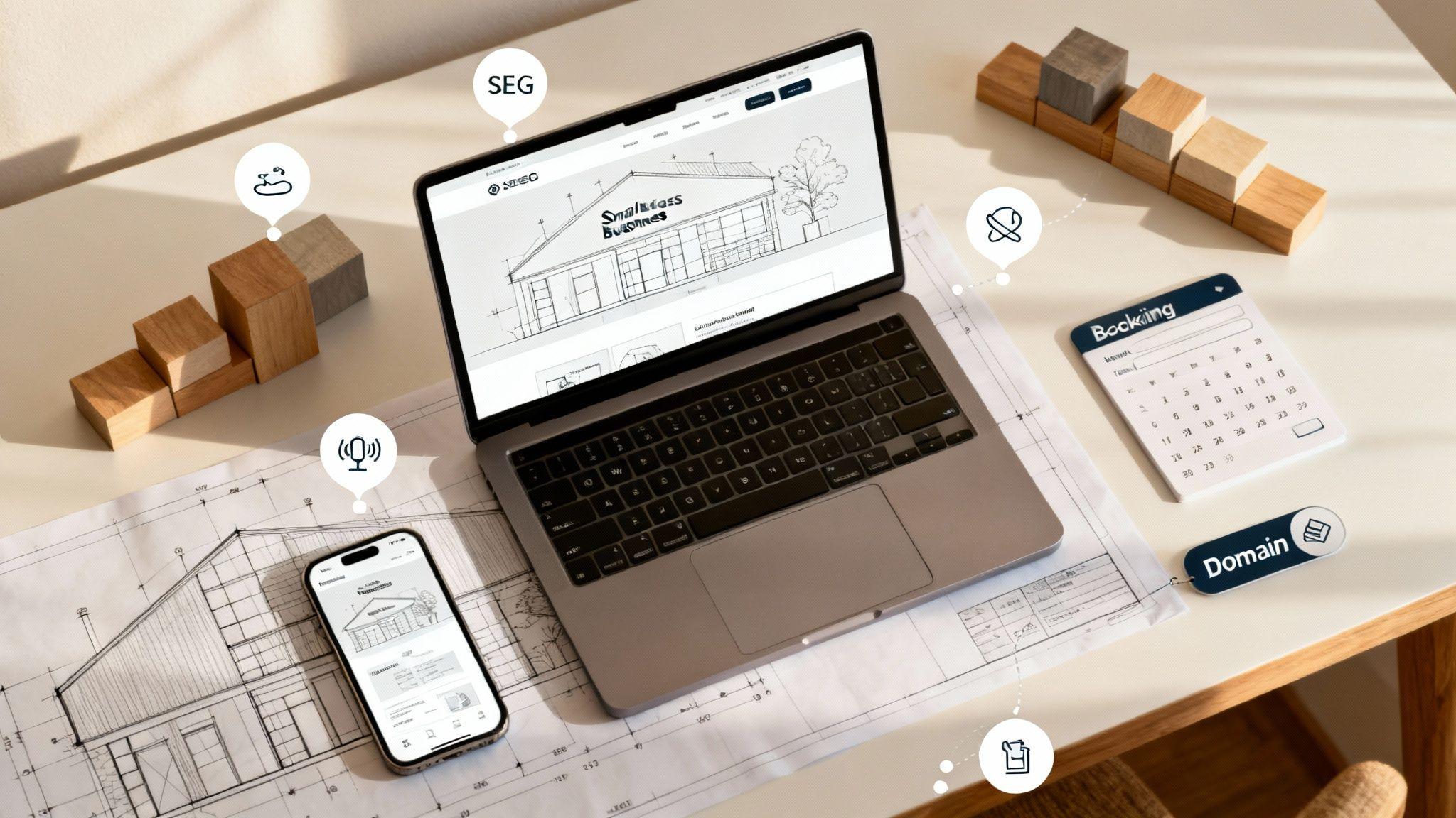 Workspace with laptop showing architectural design, smartphone, blueprints, booking calendar, wooden blocks, and business