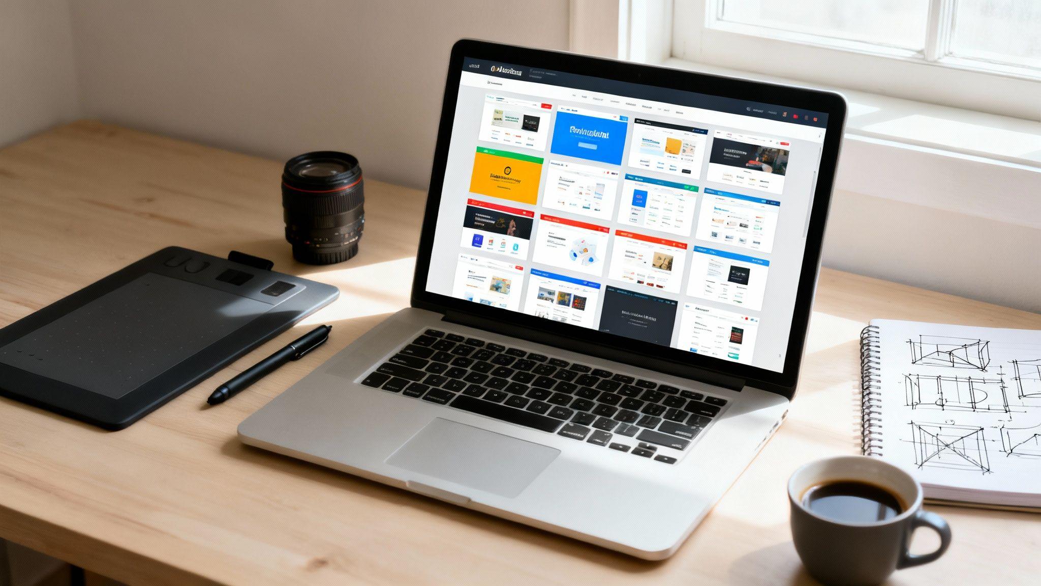 Laptop displaying website builder templates and design layouts on a wooden desk workspace with coffee and sketches