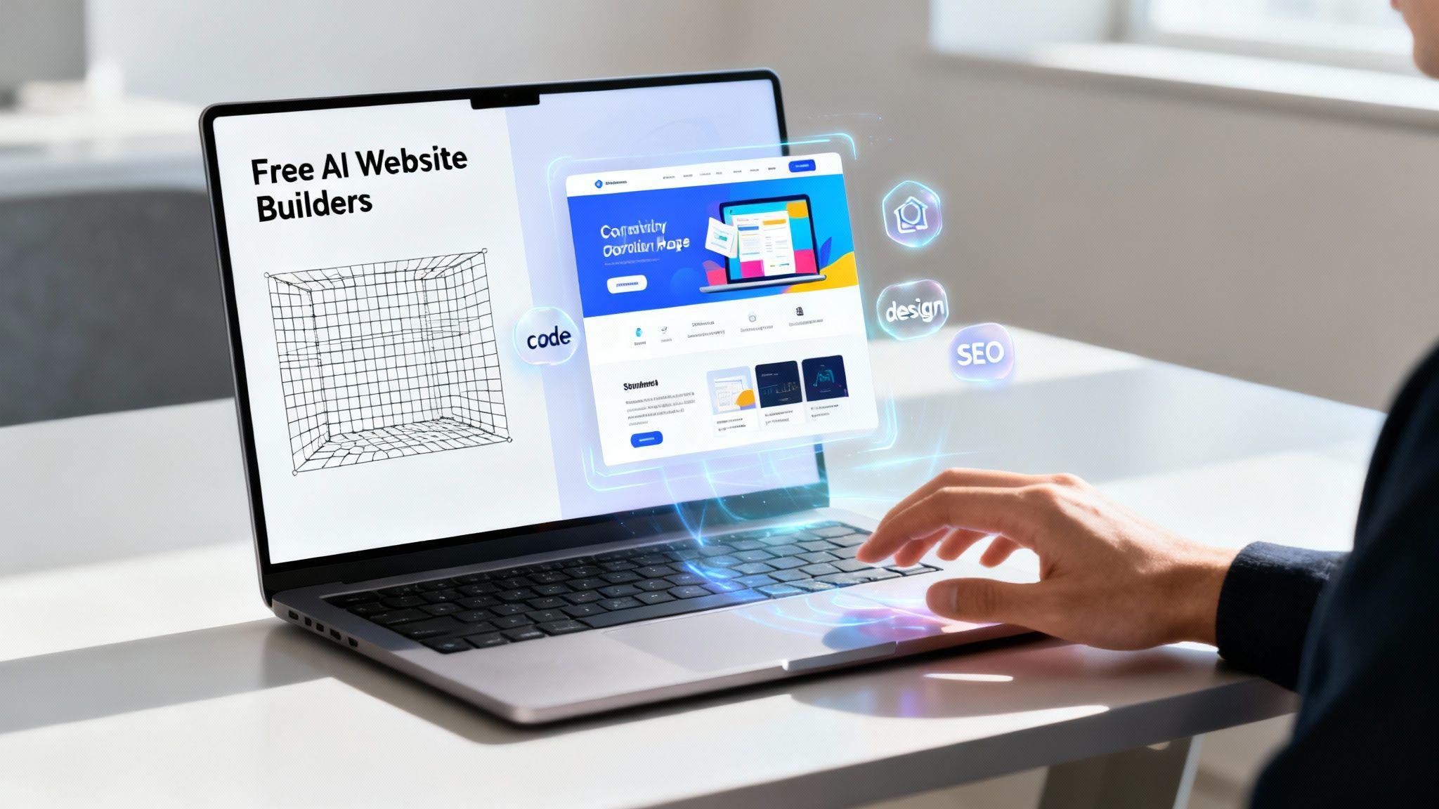 Person using laptop displaying free AI website builder interface with design, code, and SEO icons for web development.