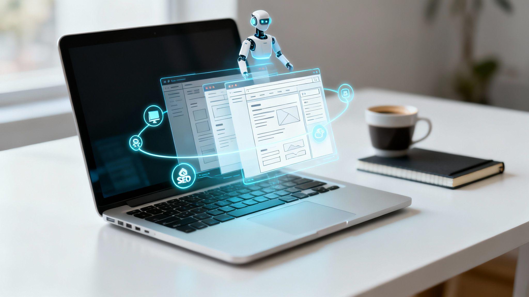 AI robot hologram on laptop screen with glowing interface icons and website wireframes displayed in modern workspace