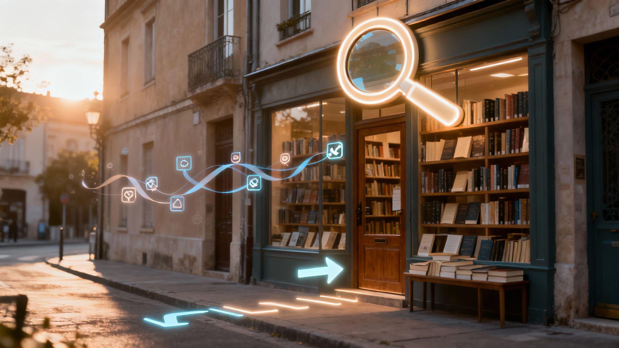 Neon magnifying glass and digital icons glowing above a bookstore storefront at sunset