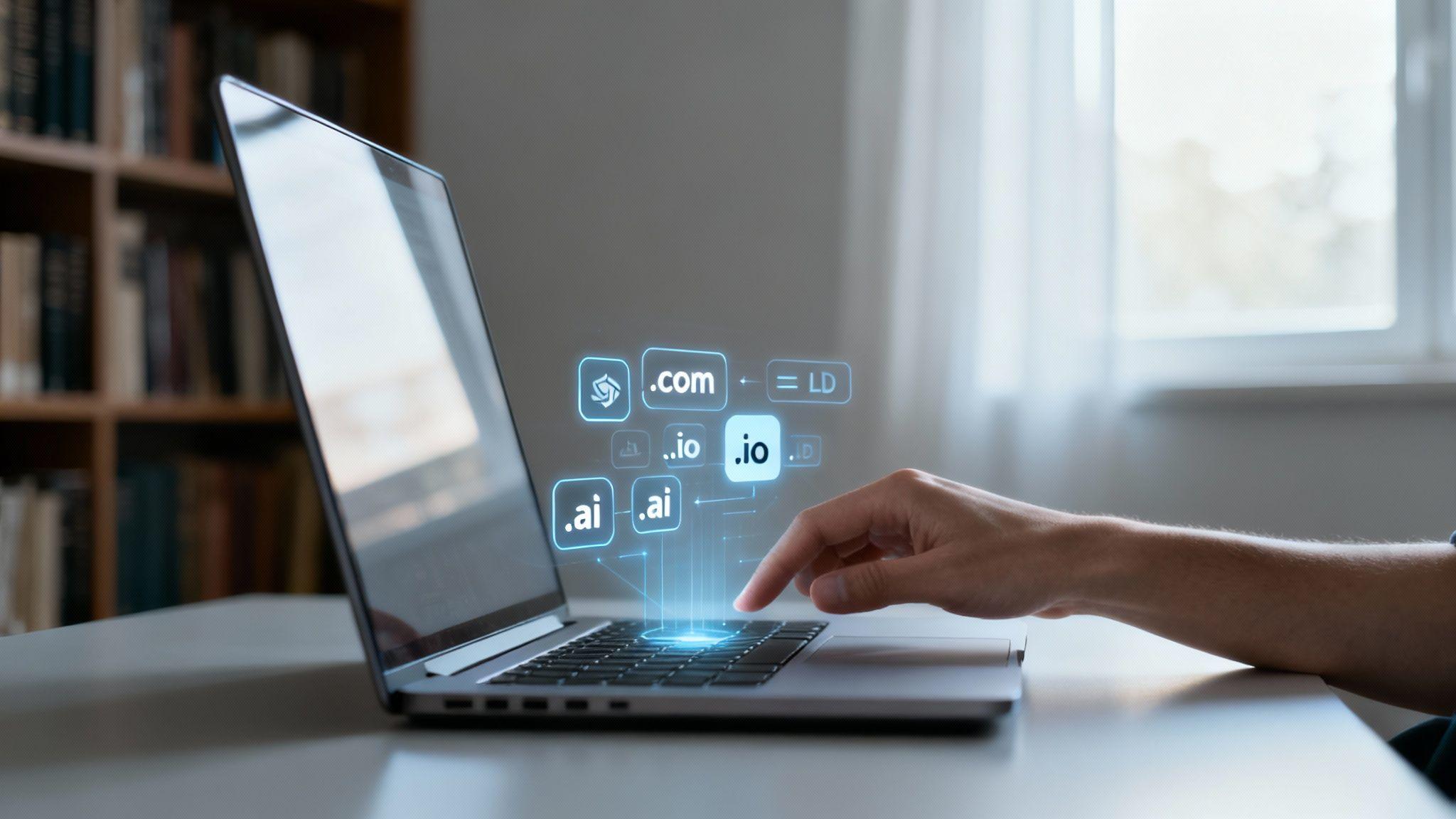 Person using laptop with holographic domain extensions (.com, .io, .ai) and website symbols floating above keyboard