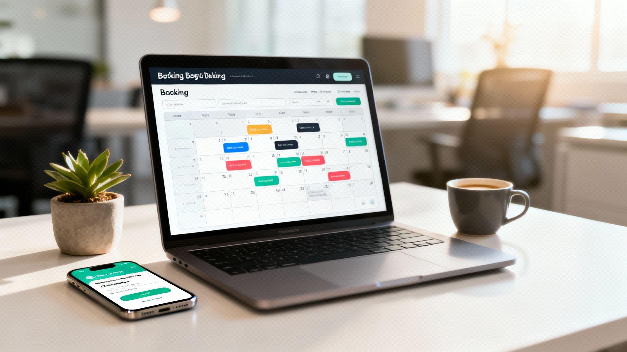 Laptop and smartphone displaying booking calendar with color-coded appointments on office desk with coffee cup and plant