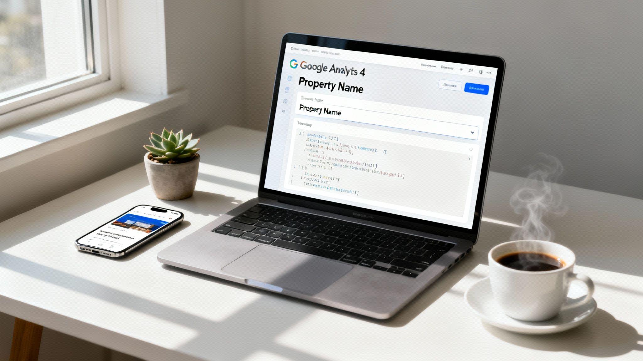 Google Analytics 4 property setup screen on laptop at bright desk workspace with coffee and phone