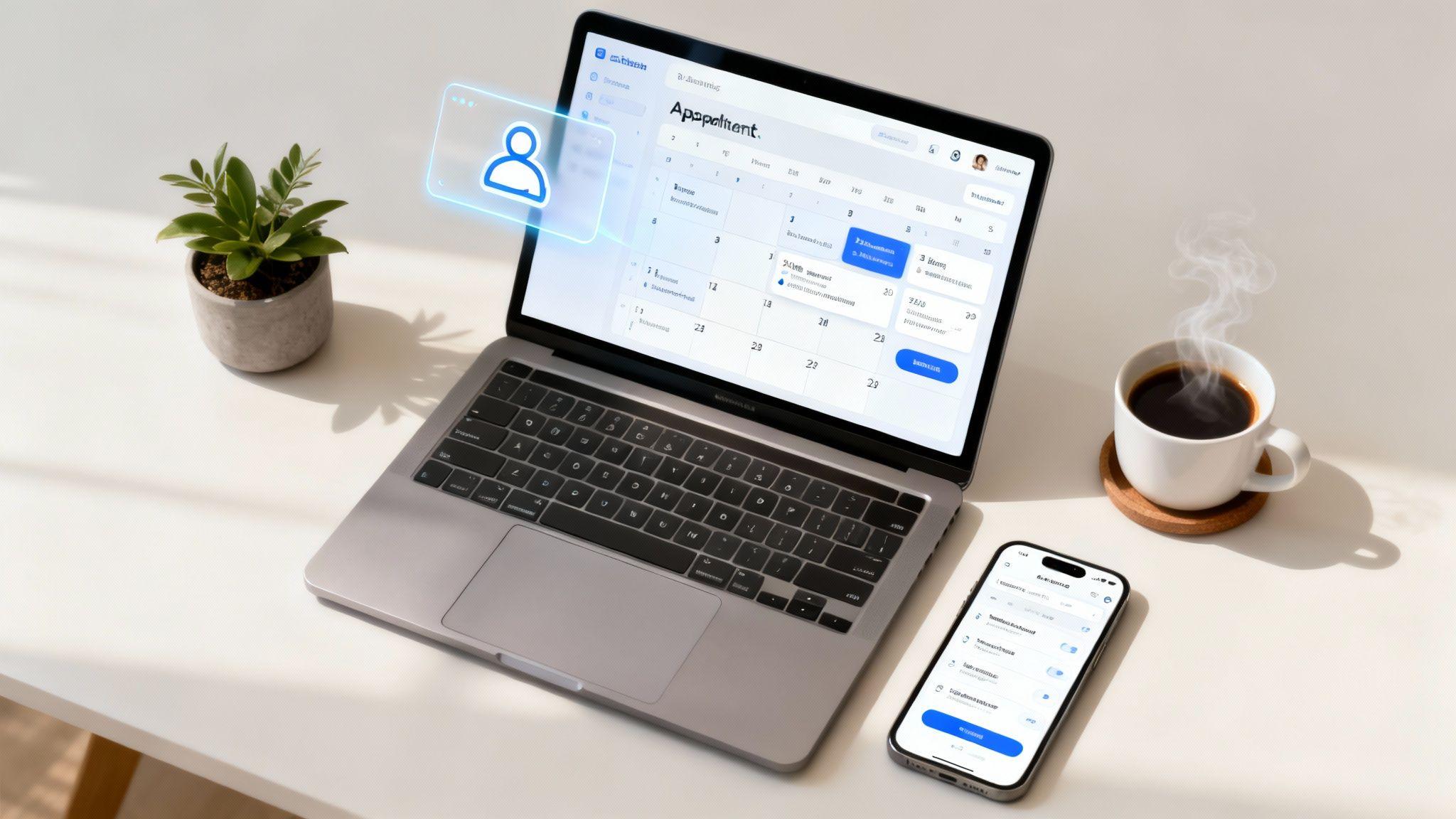 Laptop and smartphone displaying appointment scheduling software interface with calendar and user profile icons on desk.