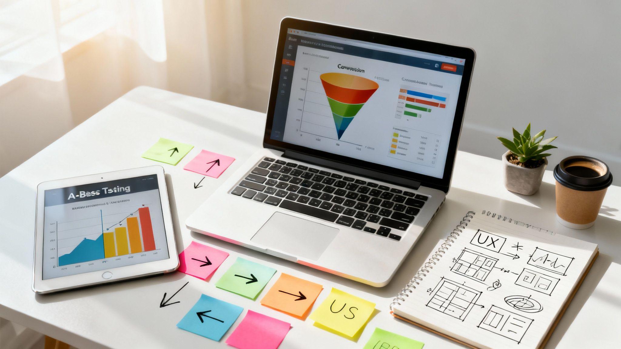 Designer workspace with conversion funnel chart, A/B testing data, UX wireframes, and analytics dashboards on laptop and