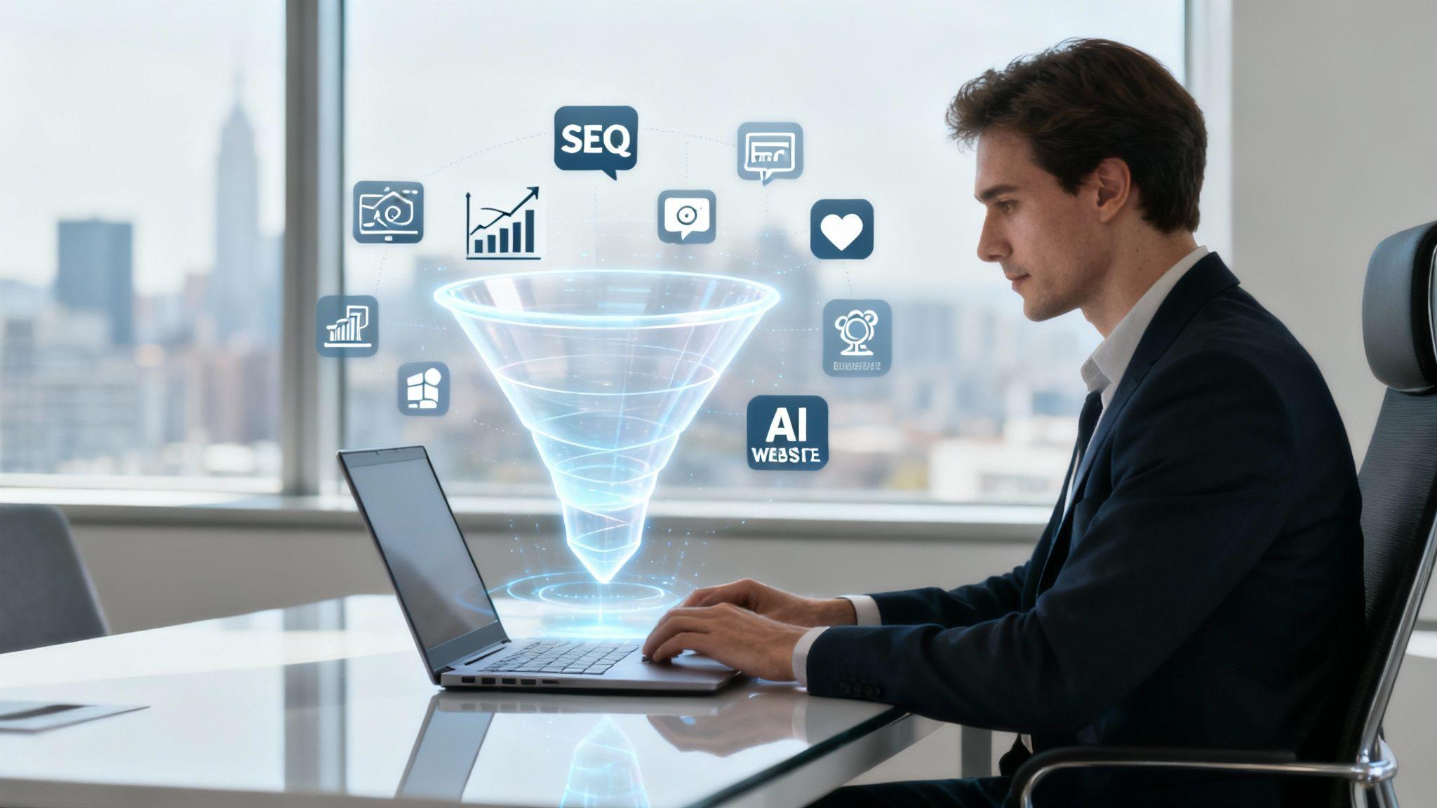Professional man using laptop with AI website funnel and digital marketing icons displayed in modern office with city