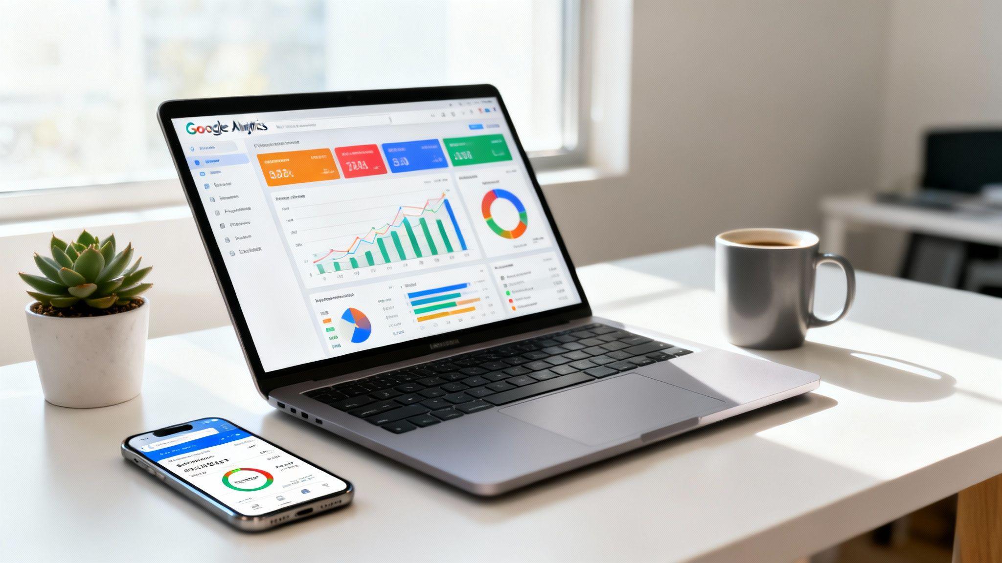 Laptop displaying Google Analytics dashboard with charts and metrics, smartphone showing analytics data, desk setup with
